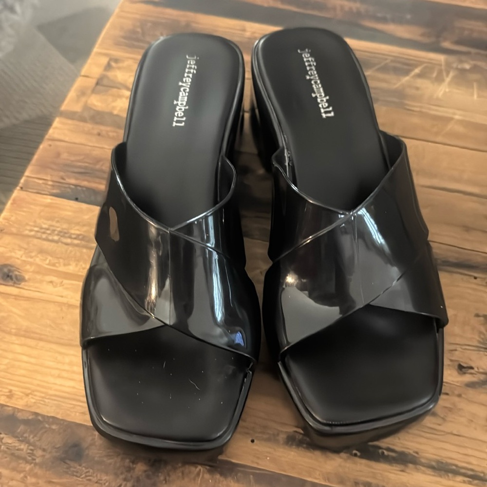 Jeffrey Campbell Black Patent Crisscross Slide Sandals